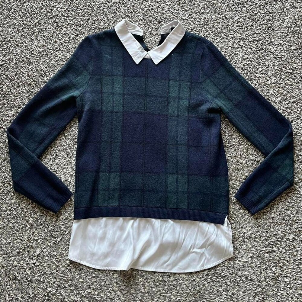 Tahari Green Blue Plaid Blouse Women Medium Collared Preppy Dark Academia Grunge
